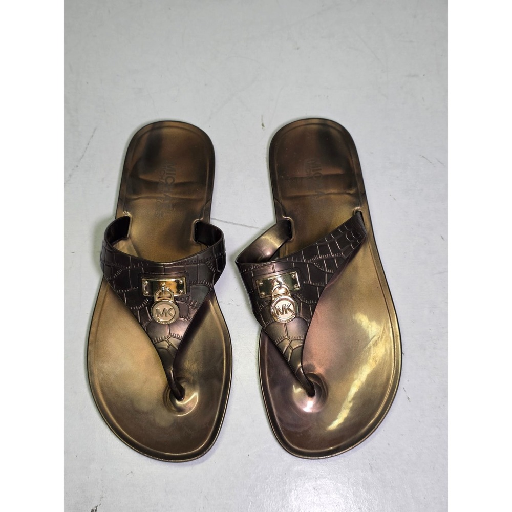 Michael Kors Women's Slides Jelly Thong Size 7 Brown Gold Logo Flat Sandals Shoe
